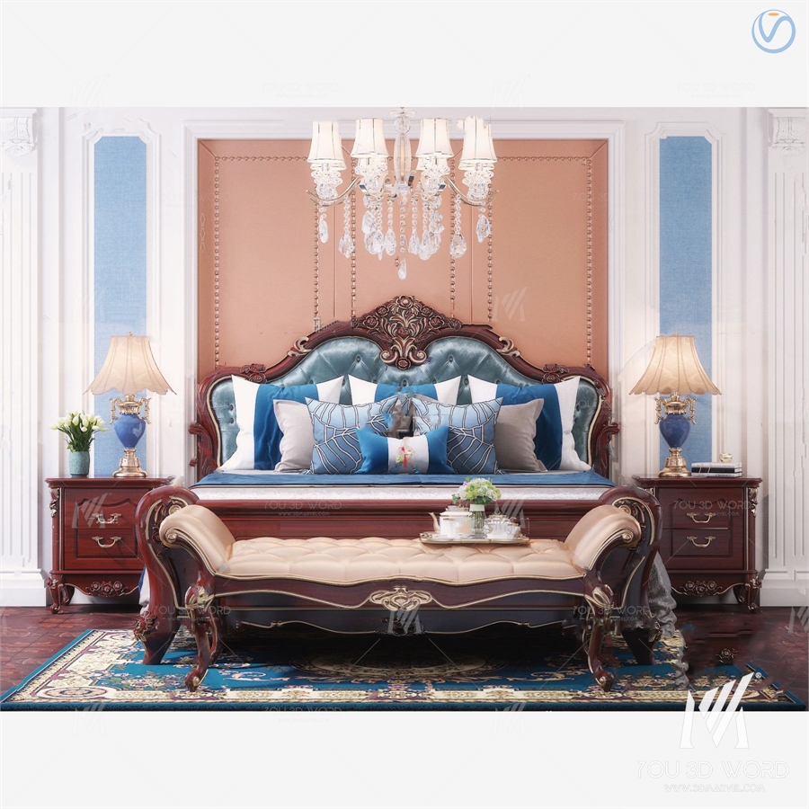 European style fabric double bed 3d model
